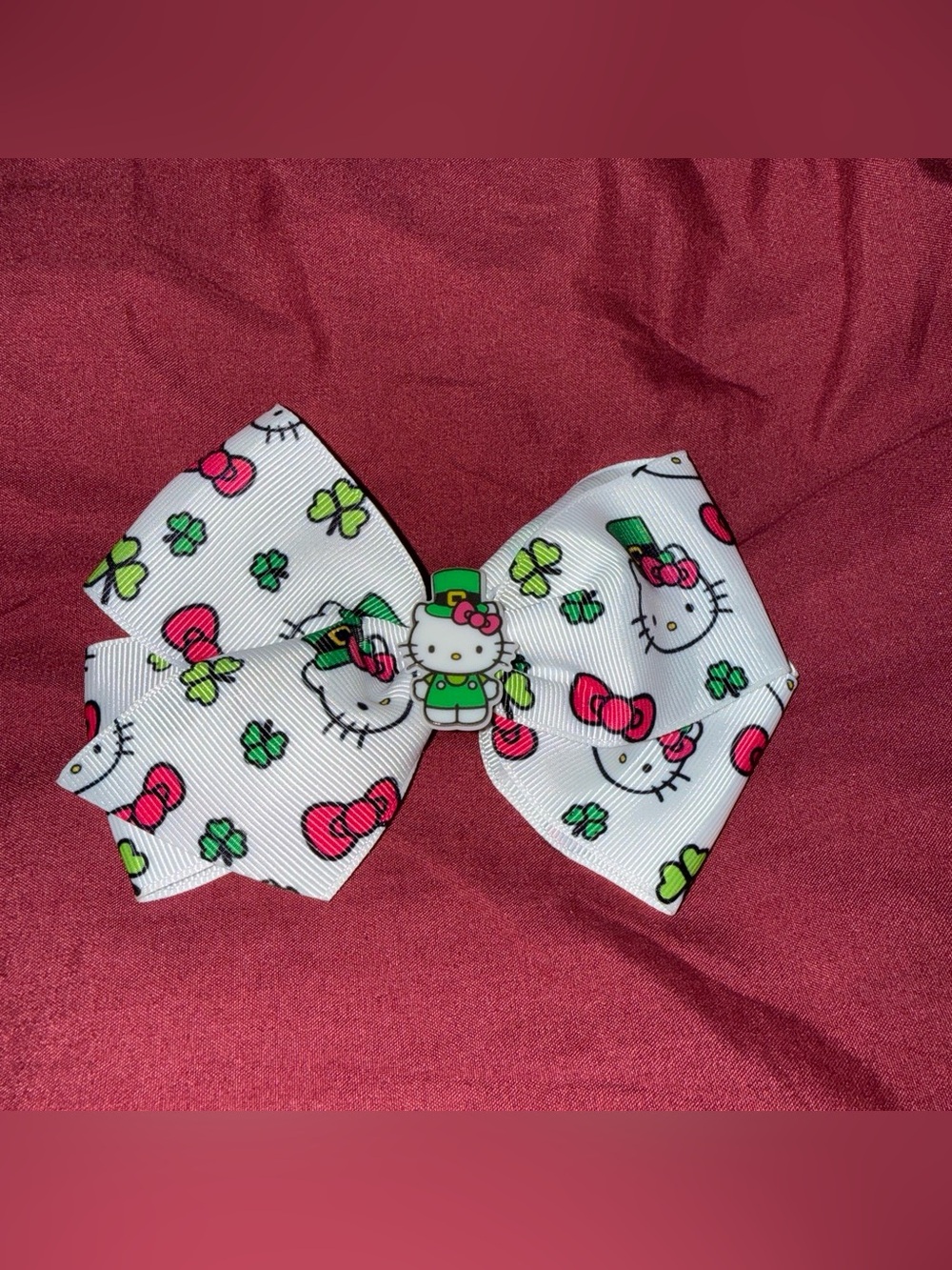 Hello Kitty White, Pink & Green St Patrick’s Ribbon Hair Bow